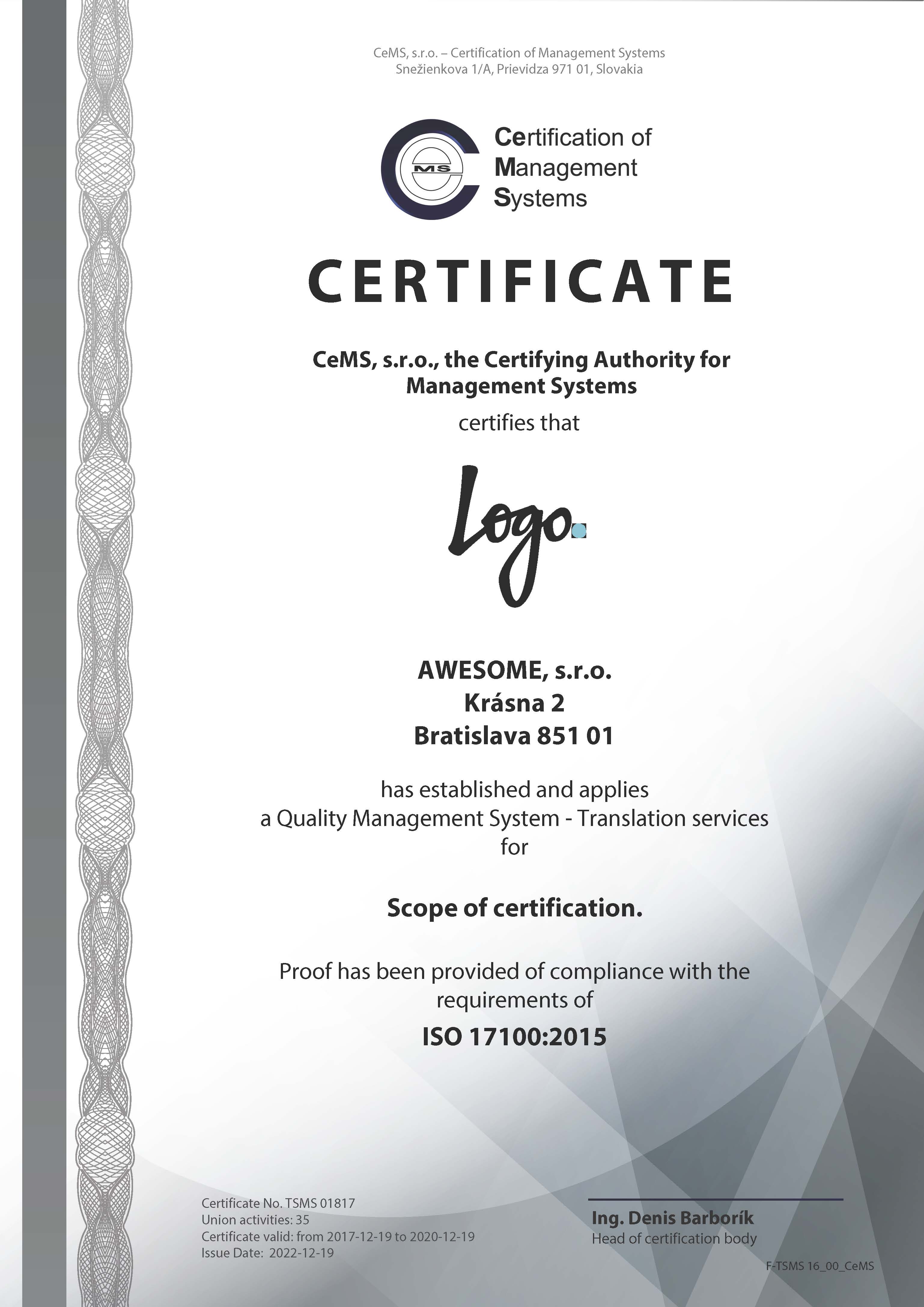 Certificate ISO 17100 by CeMS
